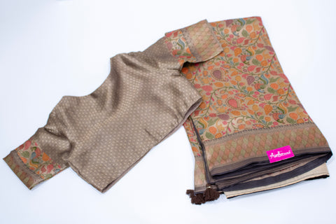 Beige Tissue Georgette Floral Saree with Zari Border