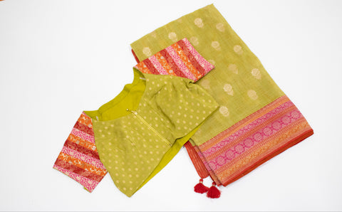 Olive Green with Pink & Orange Woven Border Dola Saree With blouse