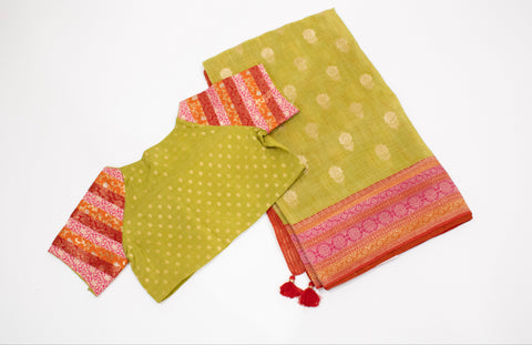 Olive Green with Pink & Orange Woven Border Dola Saree With blouse