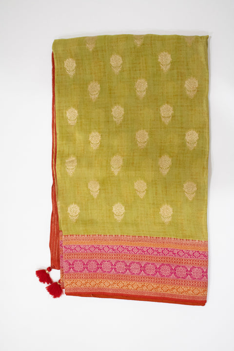 Olive Green with Pink & Orange Woven Border Dola Saree With blouse