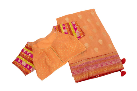Peach with Pink & Orange Woven Border Dola Saree With blouse