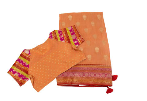 Peach with Pink & Orange Woven Border Dola Saree With blouse