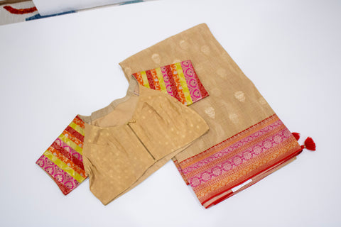Beige with Pink & Orange Woven Border Dola Saree With blouse