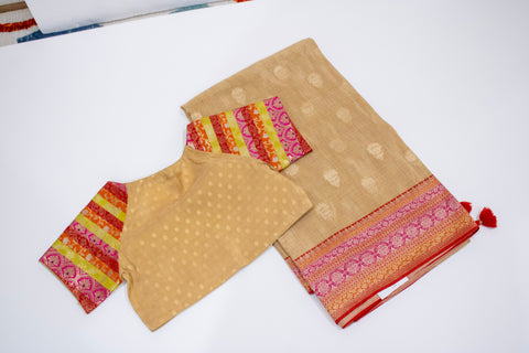 Beige with Pink & Orange Woven Border Dola Saree With blouse