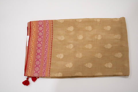 Beige with Pink & Orange Woven Border Dola Saree With blouse