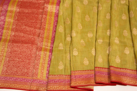 Olive Green with Pink & Orange Woven Border Dola Saree With blouse