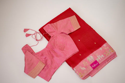 Red Mashru Satin Saree With blouse