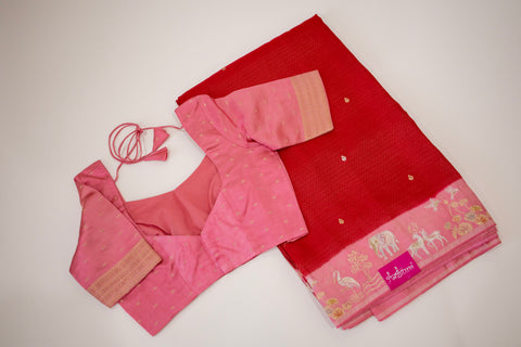 Red Mashru Satin Saree With blouse