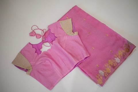 Baby Pink Kota Saree with Gold Floral Border