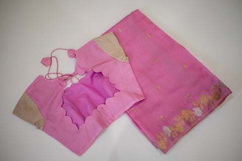 Baby Pink Kota Saree with Gold Floral Border