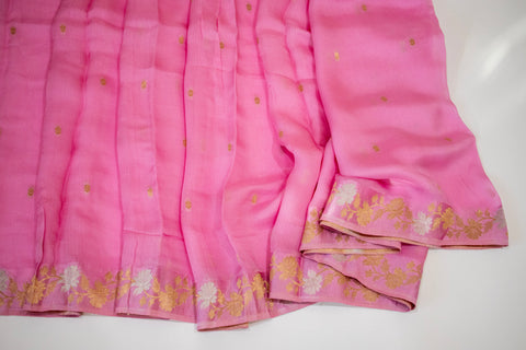 Baby Pink Kota Saree with Gold Floral Border