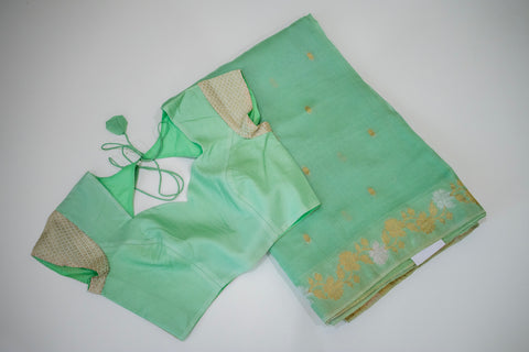 Mint Green Kota Saree with Gold Floral Border
