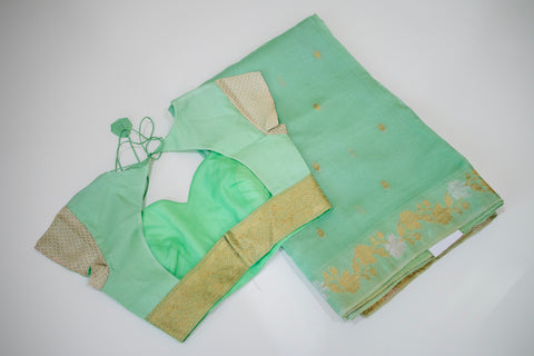 Mint Green Kota Saree with Gold Floral Border
