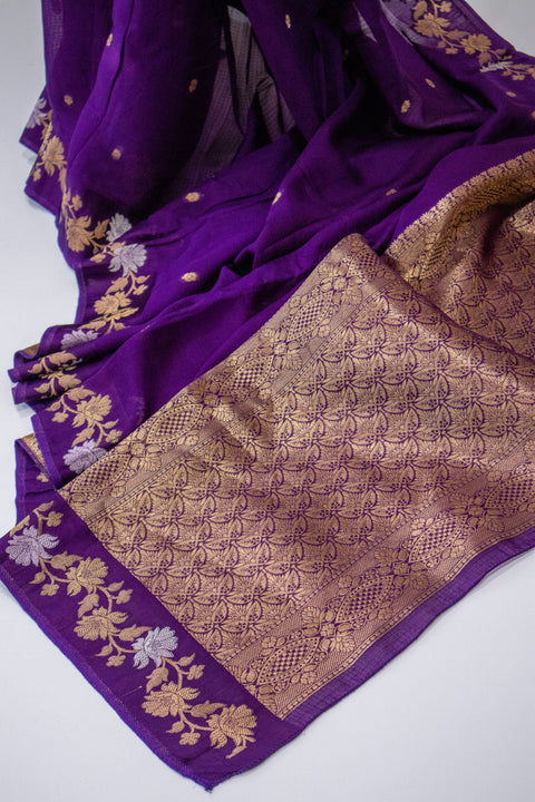 Purple Kota Saree with Gold Floral Border