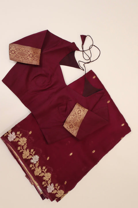 Wine Kota Saree with Gold Floral Border