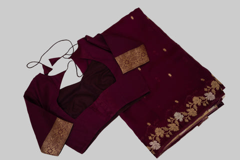 Wine Kota Saree with Gold Floral Border