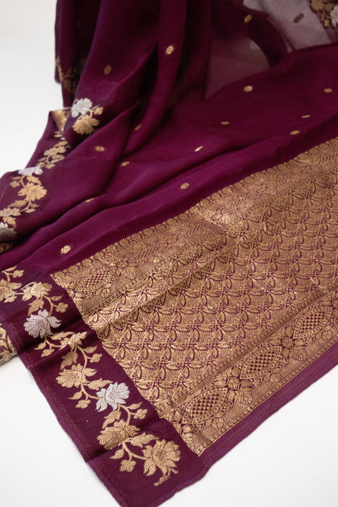 Wine Kota Saree with Gold Floral Border