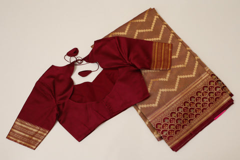 Dusty Cedar with Wine Red Temple Tissue Saree with Satin Border