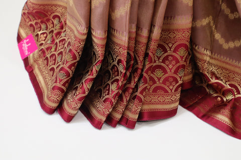 Dusty Cedar with Wine Red Temple Tissue Saree with Satin Border