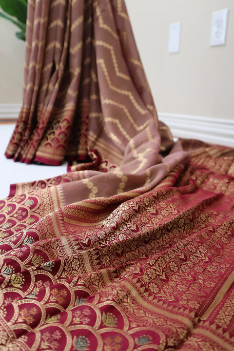 Dusty Cedar with Wine Red Temple Tissue Saree with Satin Border