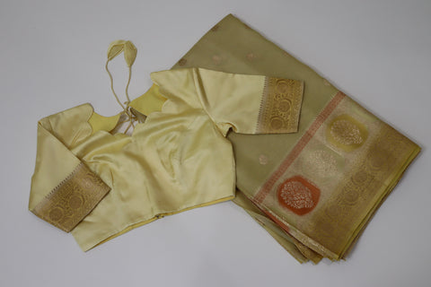Yellow Light Weight Tissue Saree with Burnt Orange Zari Satin Border & Antique Gold Zari