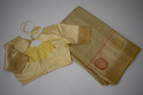 Yellow Light Weight Tissue Saree with Burnt Orange Zari Satin Border & Antique Gold Zari