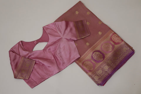 Dusty Rose Pink Light Weight Tissue Saree with Lavender Satin Borders & Antique Gold Zari