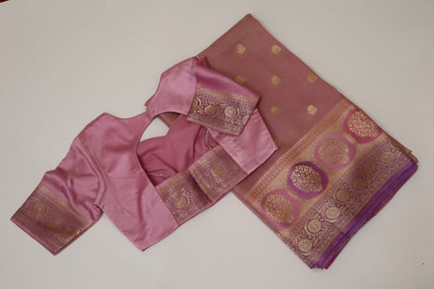 Dusty Rose Pink Light Weight Tissue Saree with Lavender Satin Borders & Antique Gold Zari