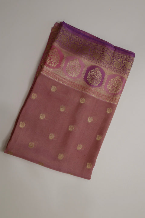 Dusty Rose Pink Light Weight Tissue Saree with Lavender Satin Borders & Antique Gold Zari