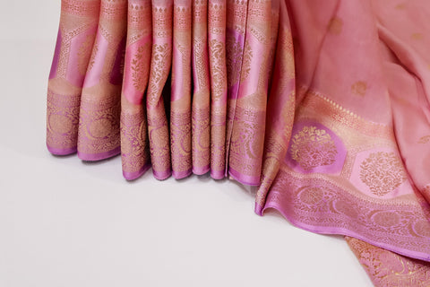 Dusty Rose Pink Light Weight Tissue Saree with Lavender Satin Borders & Antique Gold Zari