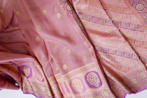 Dusty Rose Pink Light Weight Tissue Saree with Lavender Satin Borders & Antique Gold Zari