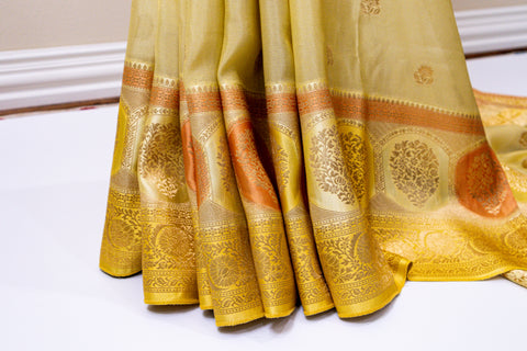 Yellow Light Weight Tissue Saree with Burnt Orange Zari Satin Border & Antique Gold Zari