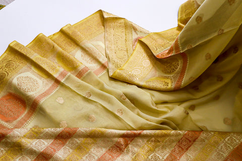 Yellow Light Weight Tissue Saree with Burnt Orange Zari Satin Border & Antique Gold Zari