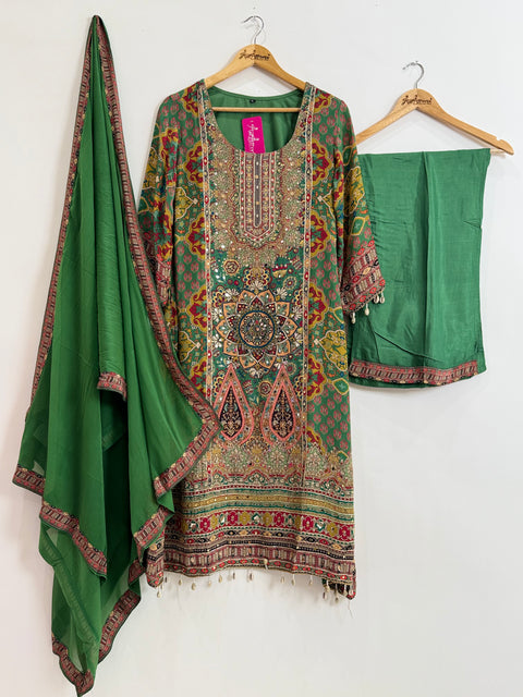 Green Multi Kurta, Pants and Dupatta Set