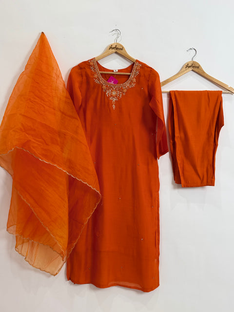 Orange Kurta, Pants and Dupatta Set