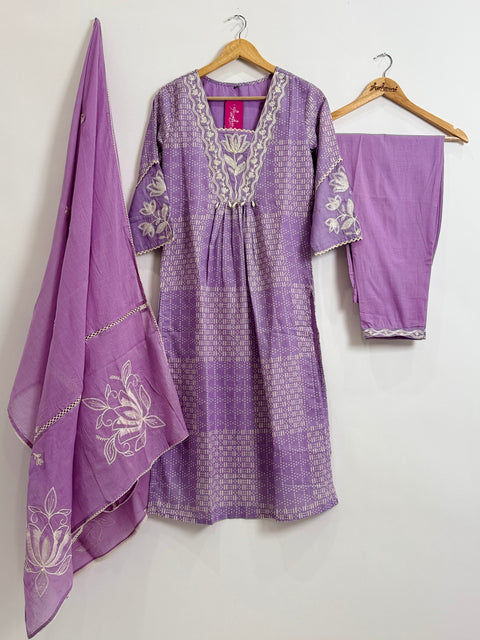 Lilac and White Kurta, Pants and Dupatta Set