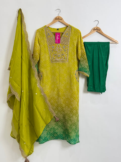Lime Yellow and Green Kurta, Pants and Dupatta Set
