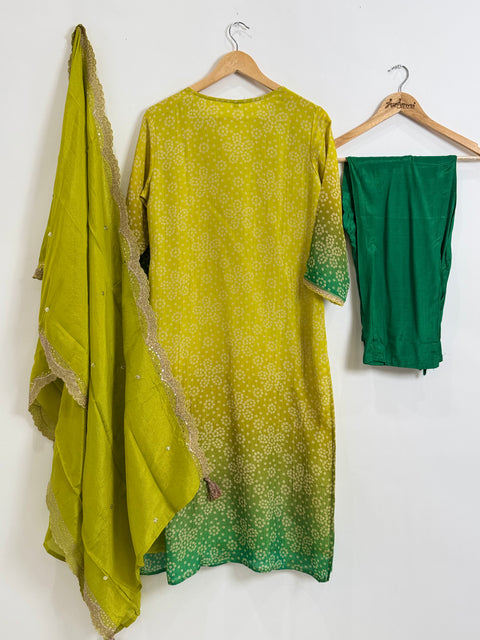 Lime Yellow and Green Kurta, Pants and Dupatta Set