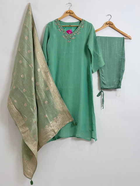 Sage Kurta, Pants and Dupatta Set