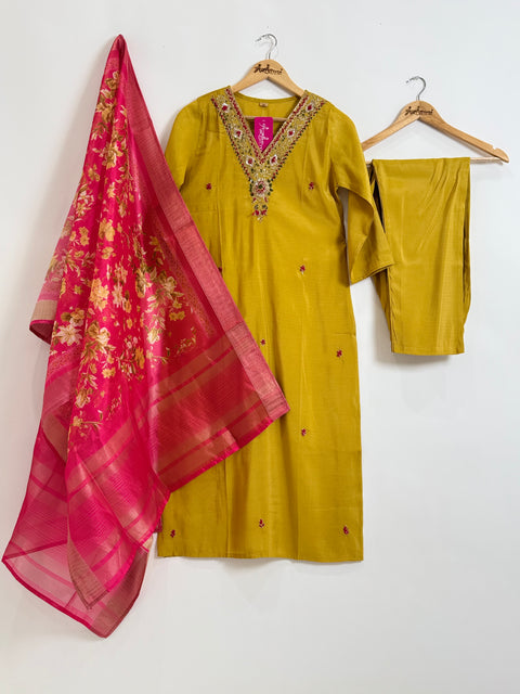 Yellow Kurta, Pants and Dupatta Set