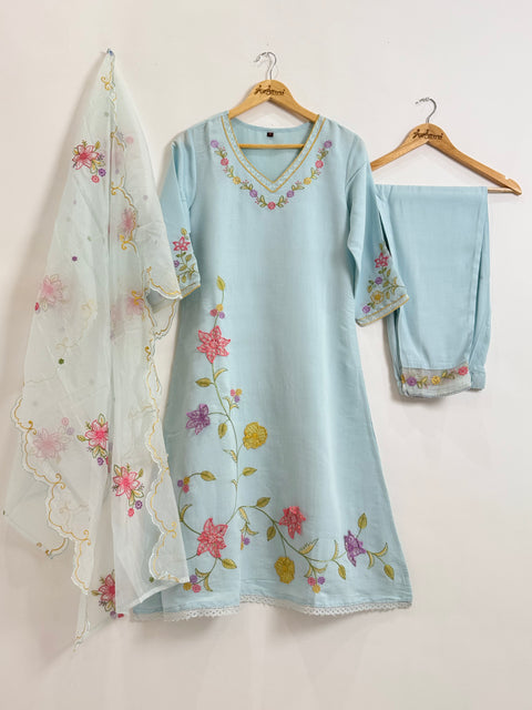 Icy Blue Kurta, Pants and Dupatta Set