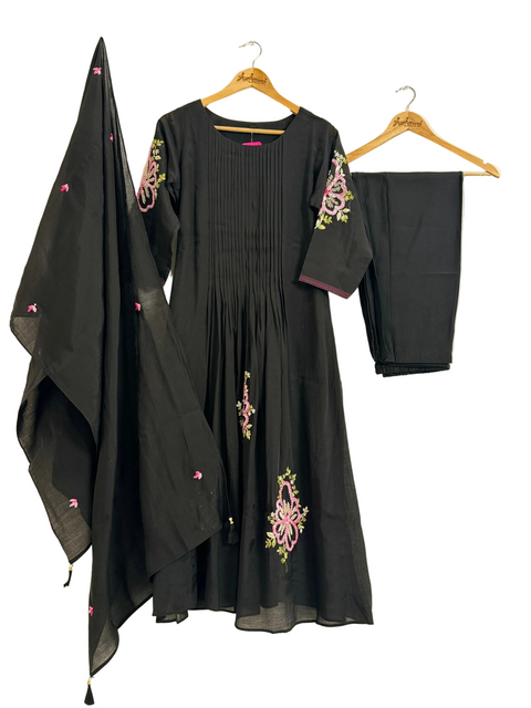 Black Kurta, Pants and Dupatta Set