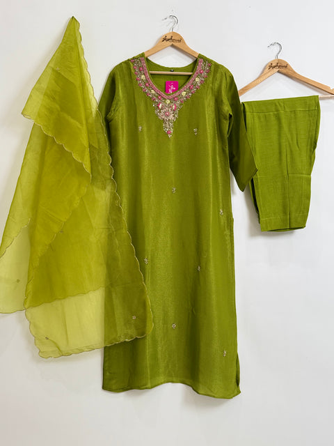 Green Kurta, Pants and Dupatta Set