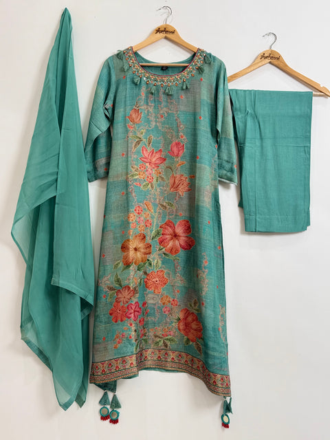 Sea Green Kurta, Pants and Dupatta Set