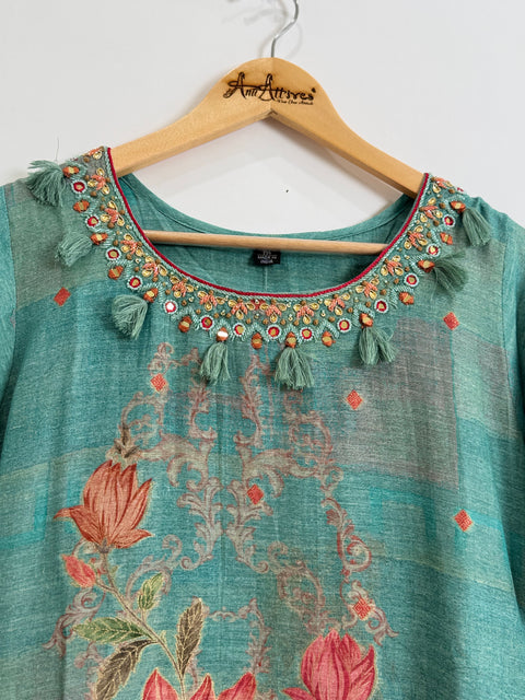 Sea Green Kurta, Pants and Dupatta Set