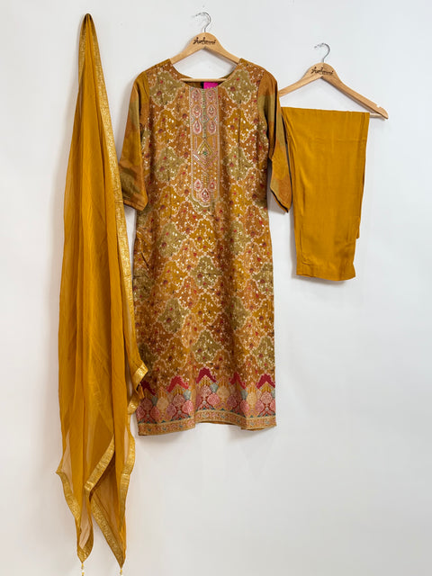 Mustard Multi Kurta, Pants and Dupatta Set