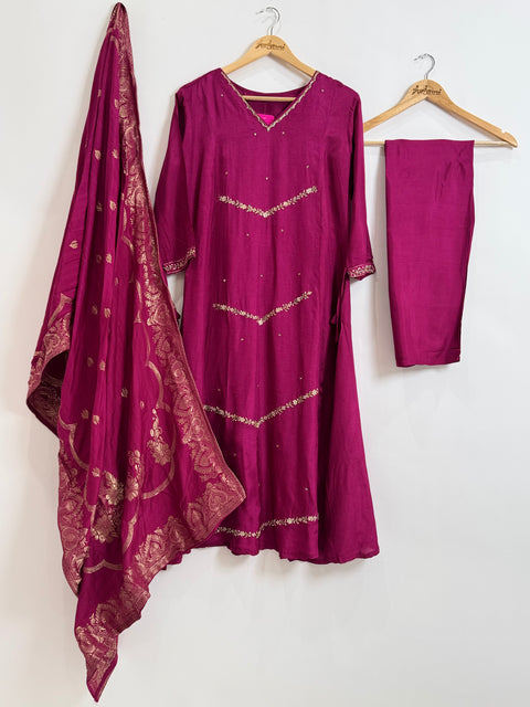 Deep Magenta Kurta, Pants and Dupatta Set