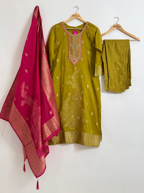 Green Kurta, Pants and Dupatta Set