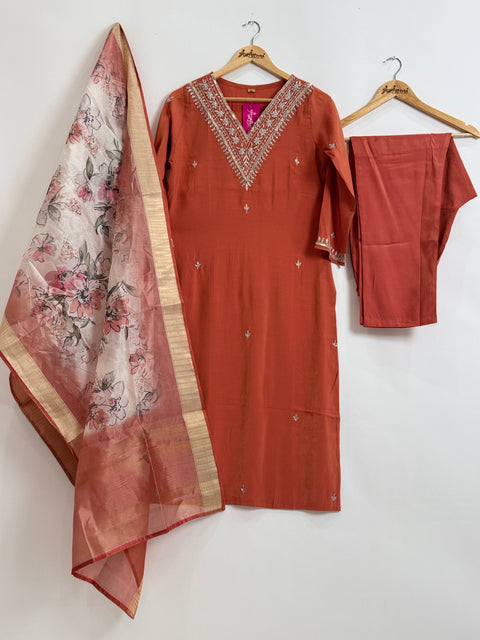 Orange Kurta, Pants and Dupatta Set
