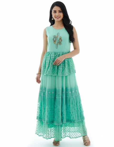 Mint Green Embroidered Georgette Long Dress